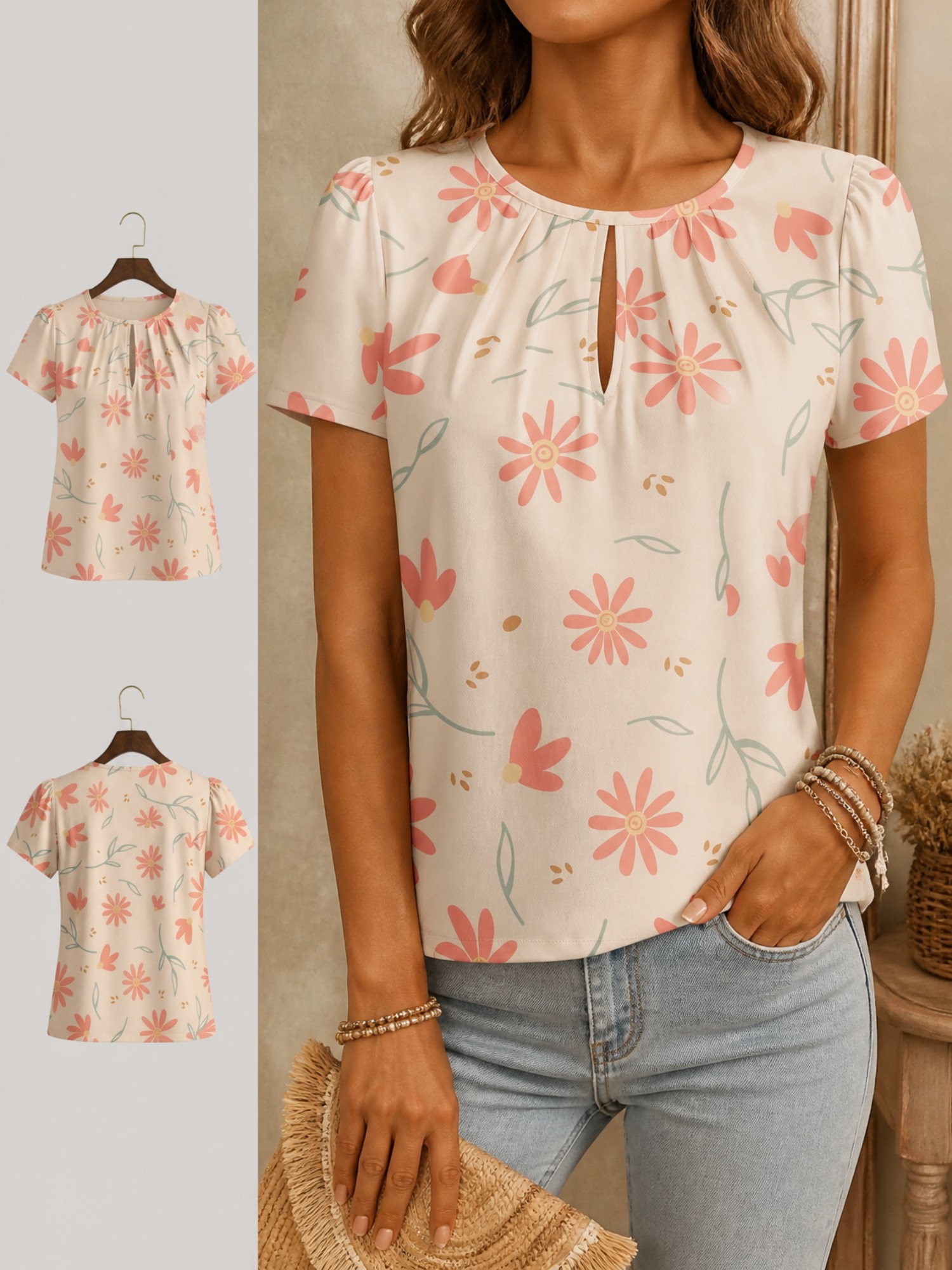 Resort Shirt Floral - 2026 Neues Damen-Rundhals-T-Shirt, Kurzarm, Locker Geschnitten,