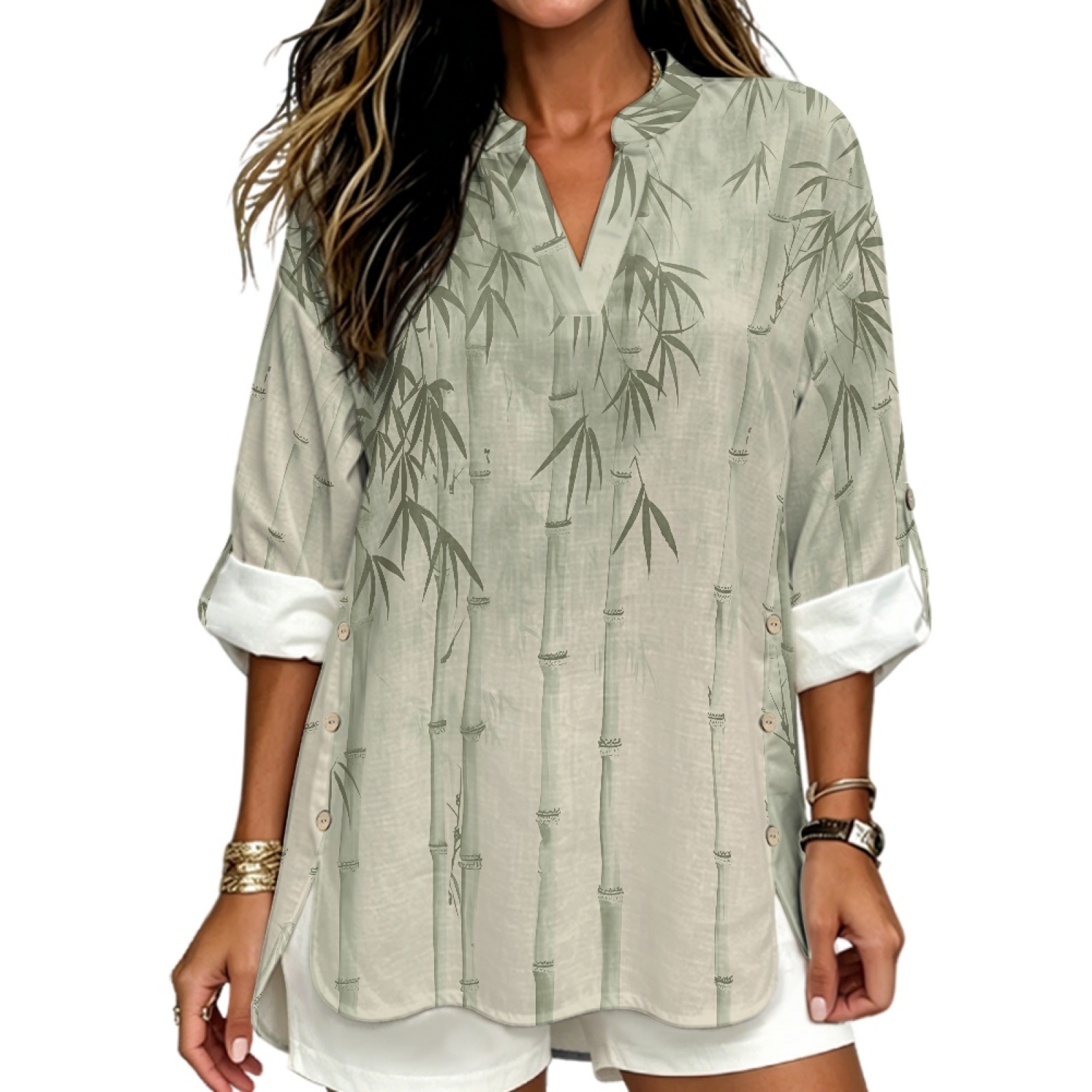 Linen Shirt Breathable - INSTANTARTS Damen-Leinenhemd mit V-Ausschnitt, atmungsaktiv, langärmelig,