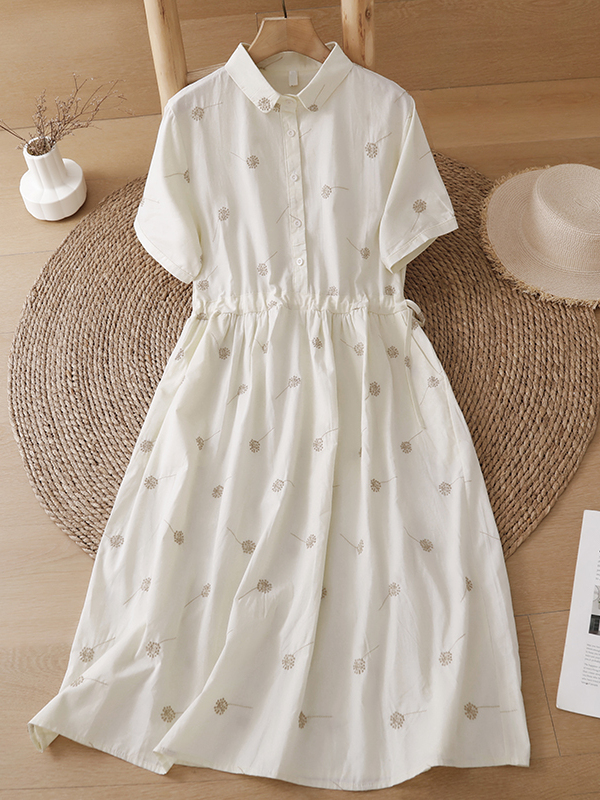 Short Linen Drawstring - Elegantes Besticktes Blumen-Baumwoll-Leinen Kurzarm-Damenkleid Sommer Tailliertes