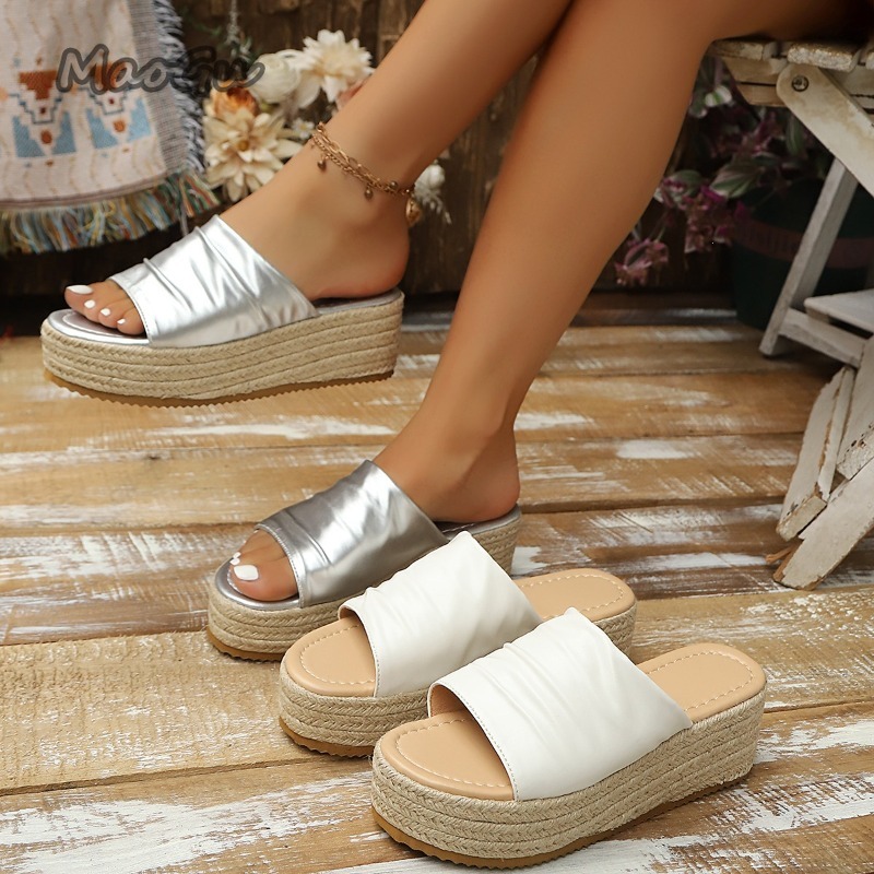 Espadrille Slip On - Damen Espadrille Keilabsatz-Sandalen mit Raffung, offene