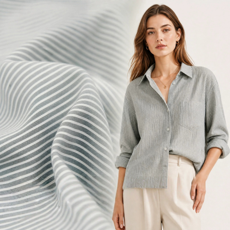 Linen Shirt Breathable - Japanischer grau-weiß gestreifter, fein gestreifter, atmungsaktiver