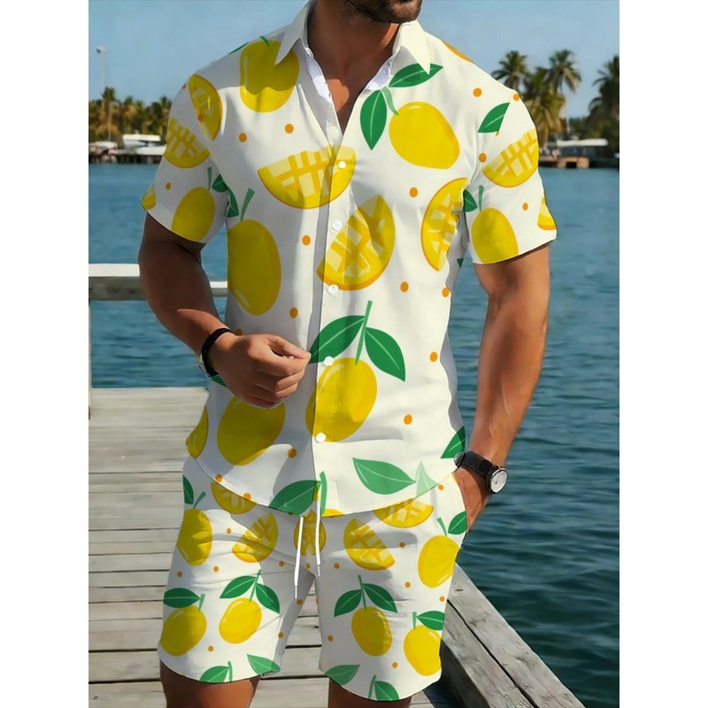 Short Linen Drawstring - Herren Leinen-Print Kurzarmhemd und Shorts Set