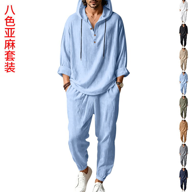 Short Linen Drawstring - Herren Sommer Leinen 2-Teiliges Set, Kapuzen-Henley