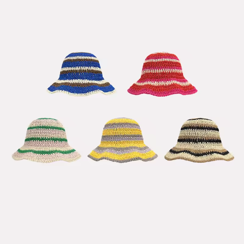 Bucket Hat Straw - Neue gestreifte gestrickte Stroh-Häkelmützen, hohl, atmungsaktiv,