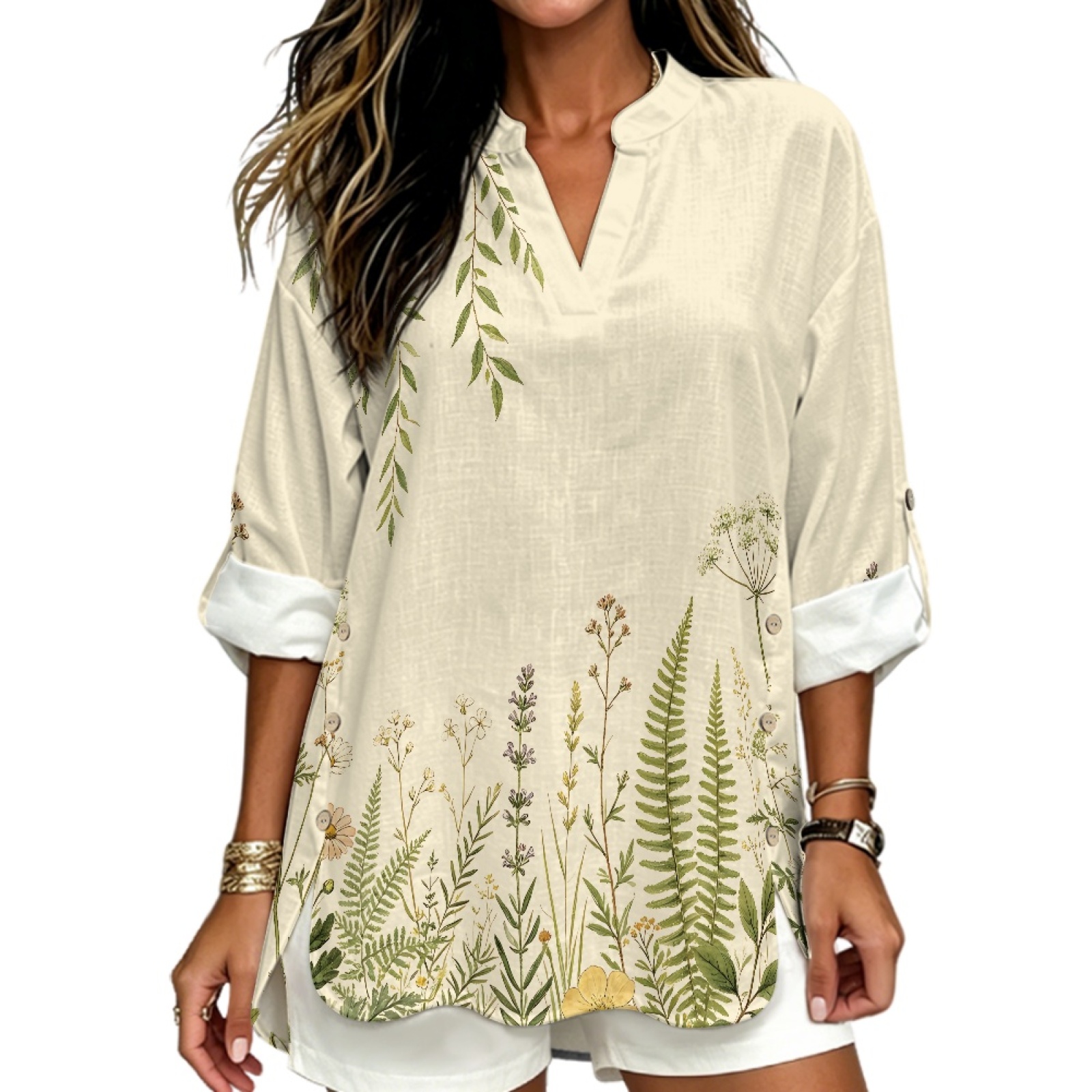 Linen Shirt Breathable - INSTANTARTS Damen-Leinenhemd mit V-Ausschnitt, atmungsaktiv, langärmelig,