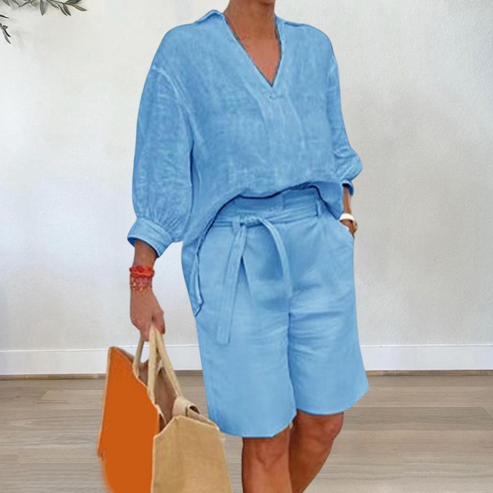 Linen Shirt Breathable - Baumwoll-Leinen-Zweiteiler für Damen, lässiges V-Ausschnitt-Hemd mit