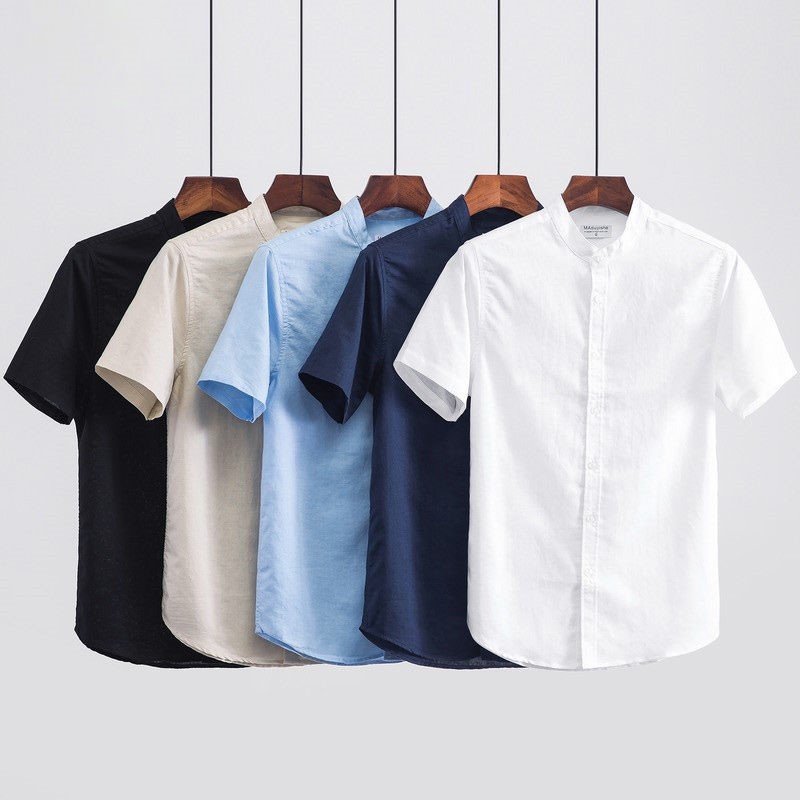 Linen Shirt Breathable - Japanischer Stil Lässiges Kragenloses Leinen-Kurzarmhemd für