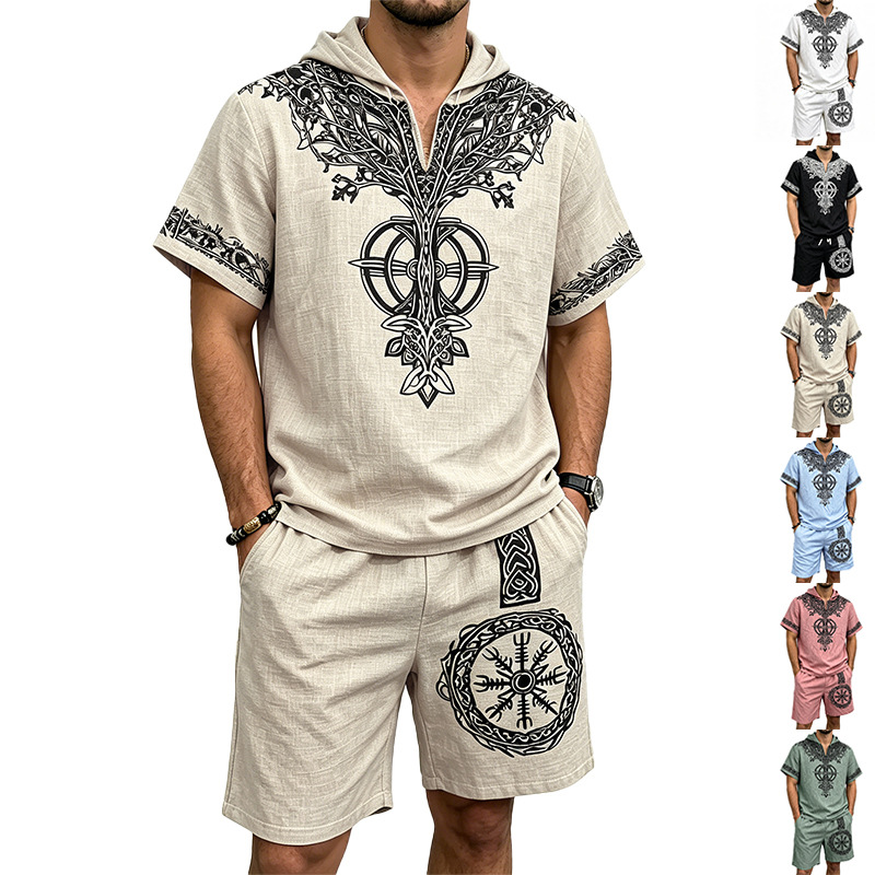 Short Linen Drawstring - Herren Leinen-Look Viking-Baum-Print Halb-Reißverschluss Kapuzen-Kurzarm-Oberteil Kordelzug-Shorts